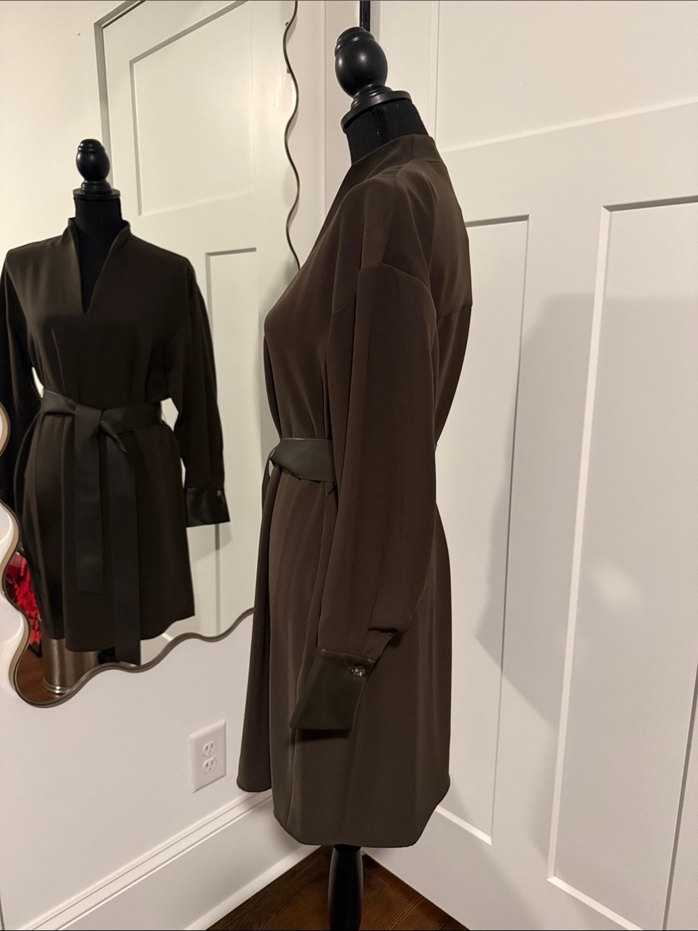 Vince Dark Brown Long Sleeve V-Neck Tie-Waist Dress - Picture 2 of 6